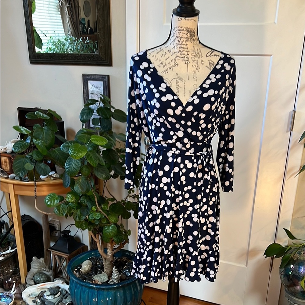 Glamour Navy and White Polka Dot Long Sleeve Dress